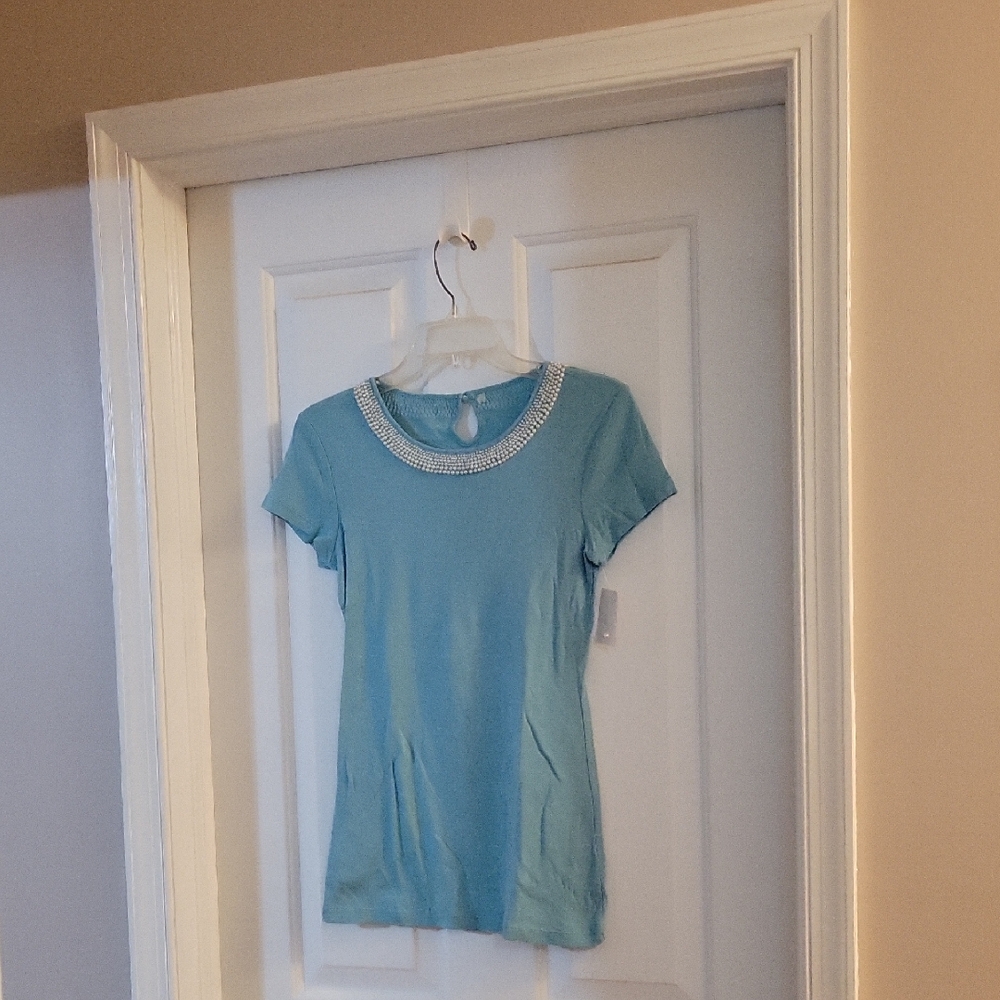 Nordstrom Teal Blue Pearl Embellished Women's Top Small